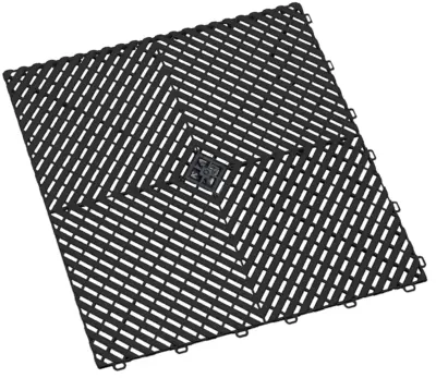 Eine quadratische Gummimatte mit einem Muster aus gekreuzten Linien in Schwarz. Die Matte ist in vier Abschnitte unterteilt, die ein symmetrisches Design bilden. Die Struktur ist für Rutschfestigkeit und Haltbarkeit konzipiert.